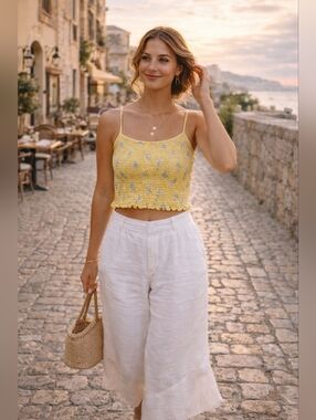 EUC Hollister Yellow Floral Cropped And Smocked Camisole Top Size Large